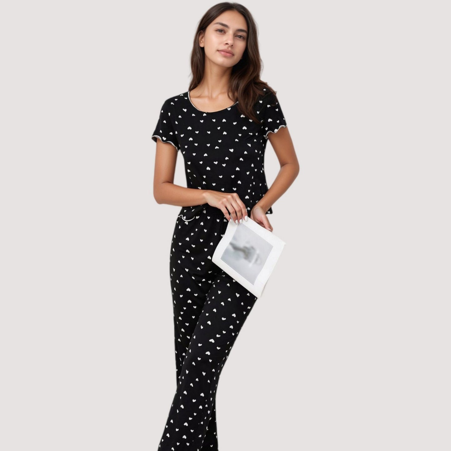 Anna-Kaci Lounge Women's Heart Print Pajama Set with Short Sleeve Lettuce Trim Top and Full-Length Pants