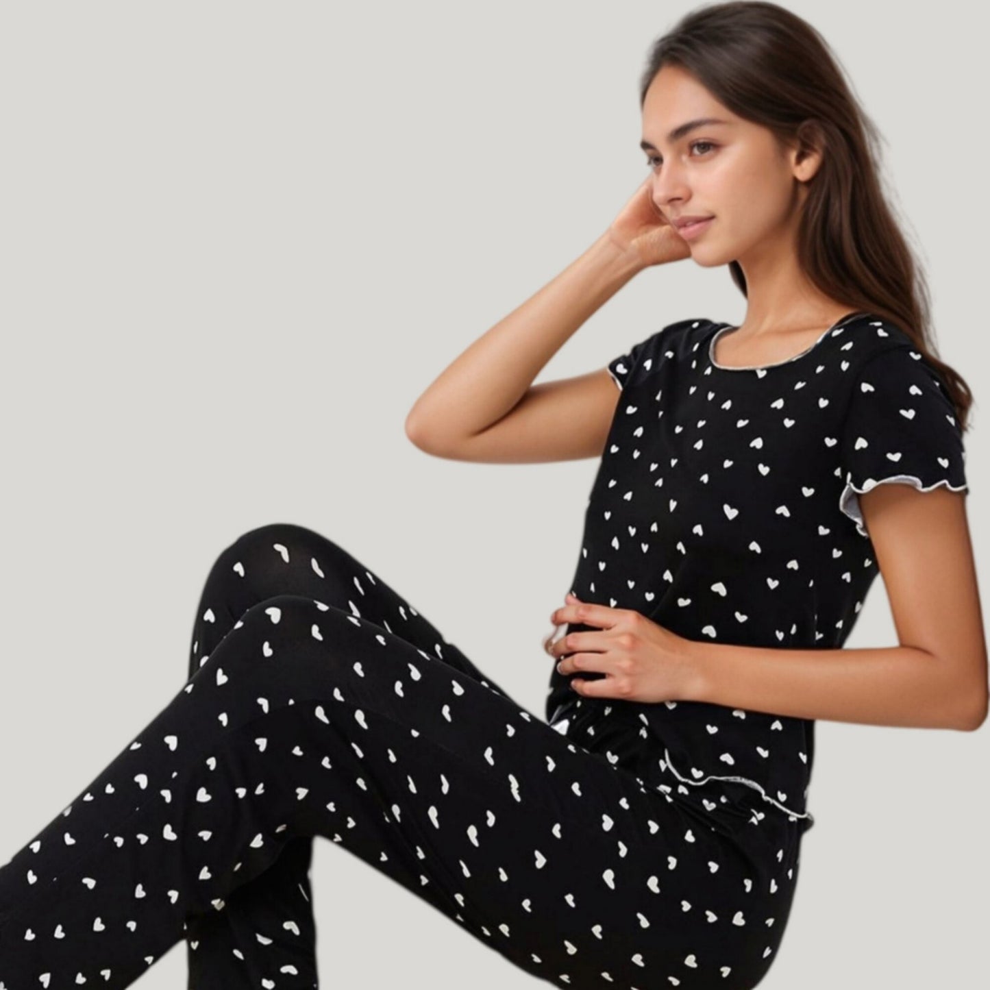 Anna-Kaci Lounge Women's Heart Print Pajama Set with Short Sleeve Lettuce Trim Top and Full-Length Pants