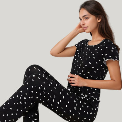 Anna-Kaci Lounge Women's Heart Print Pajama Set with Short Sleeve Lettuce Trim Top and Full-Length Pants