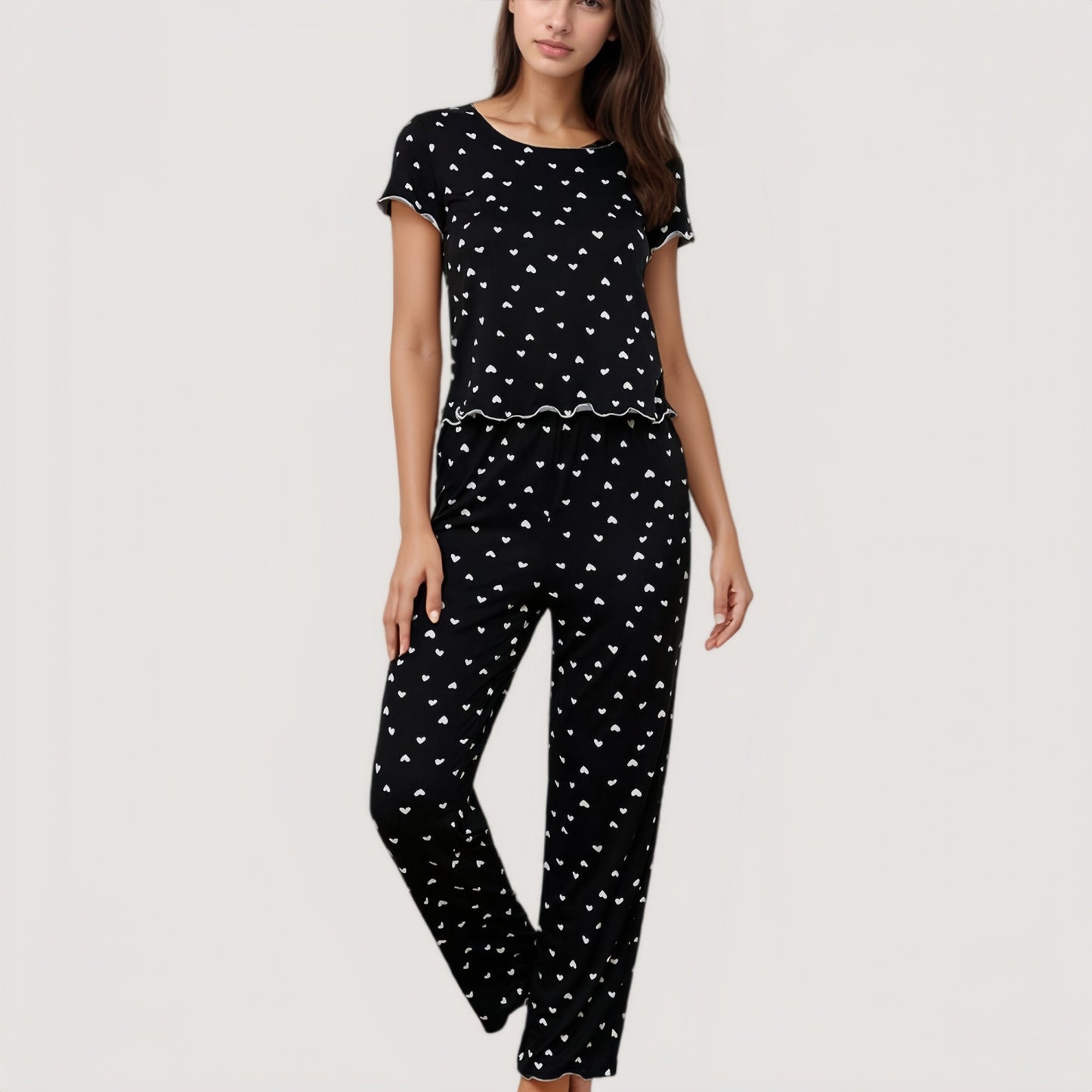 Anna-Kaci Lounge Women's Heart Print Pajama Set with Short Sleeve Lettuce Trim Top and Full-Length Pants