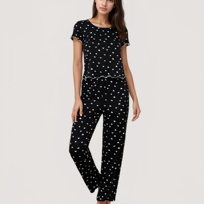 Anna-Kaci Lounge Women's Heart Print Pajama Set with Short Sleeve Lettuce Trim Top and Full-Length Pants