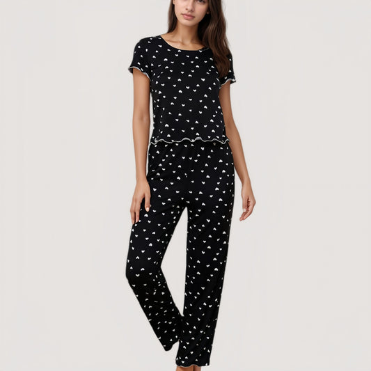 Anna-Kaci Lounge Women's Heart Print Pajama Set with Short Sleeve Lettuce Trim Top and Full-Length Pants