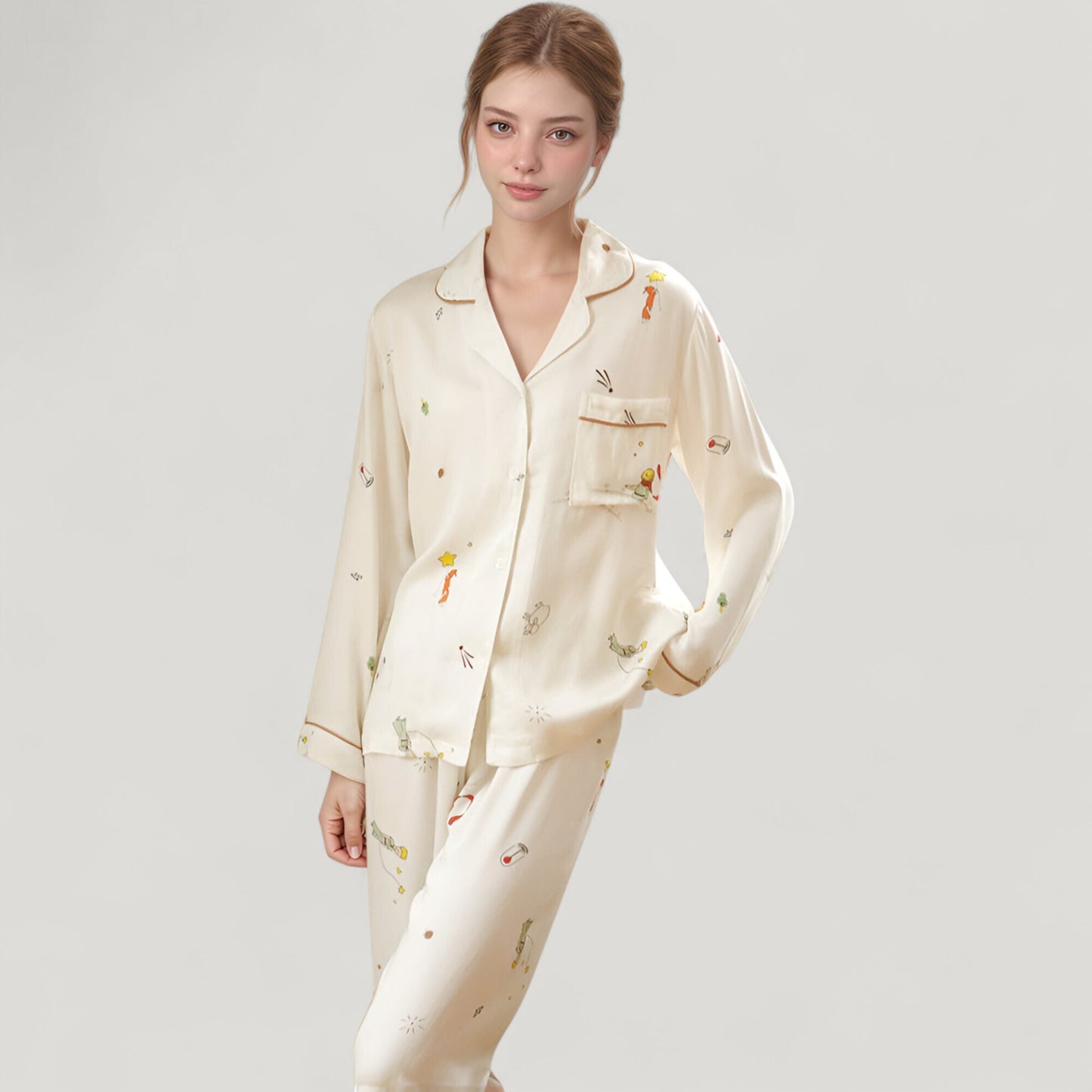 Anna-Kaci Lounge Women's Button-Down Two-Piece Pajama Set with Allover Whimsical Print and Chest Pocket