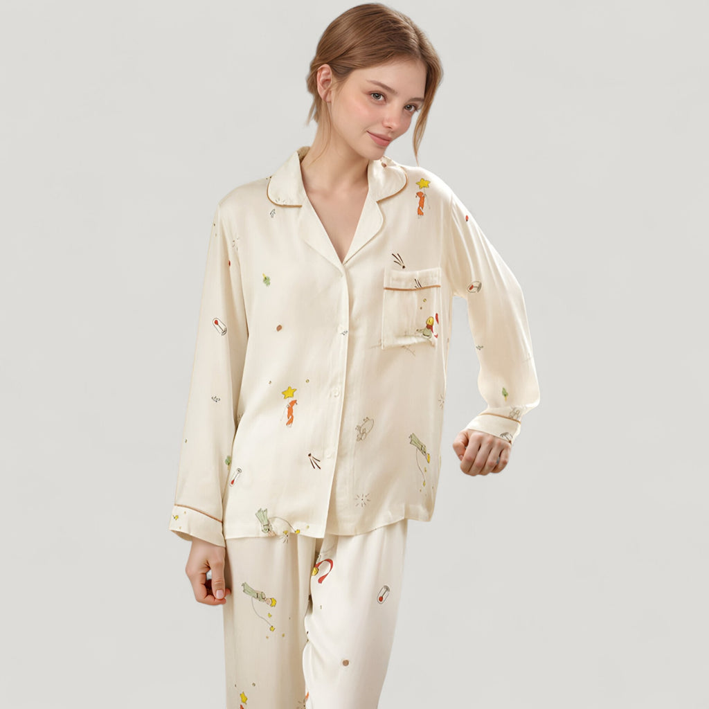 Anna-Kaci Lounge Women's Button-Down Two-Piece Pajama Set with Allover Whimsical Print and Chest Pocket