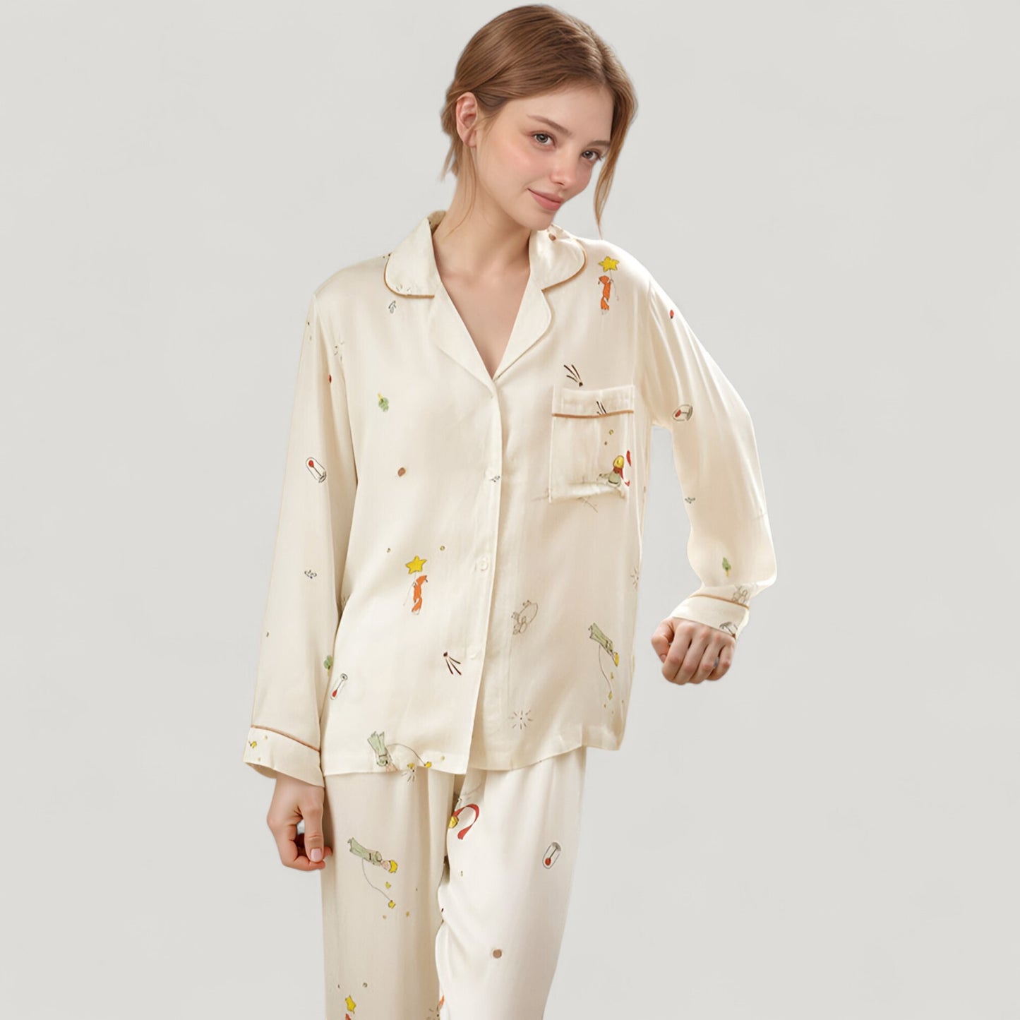 Anna-Kaci Lounge Women's Button-Down Two-Piece Pajama Set with Allover Whimsical Print and Chest Pocket