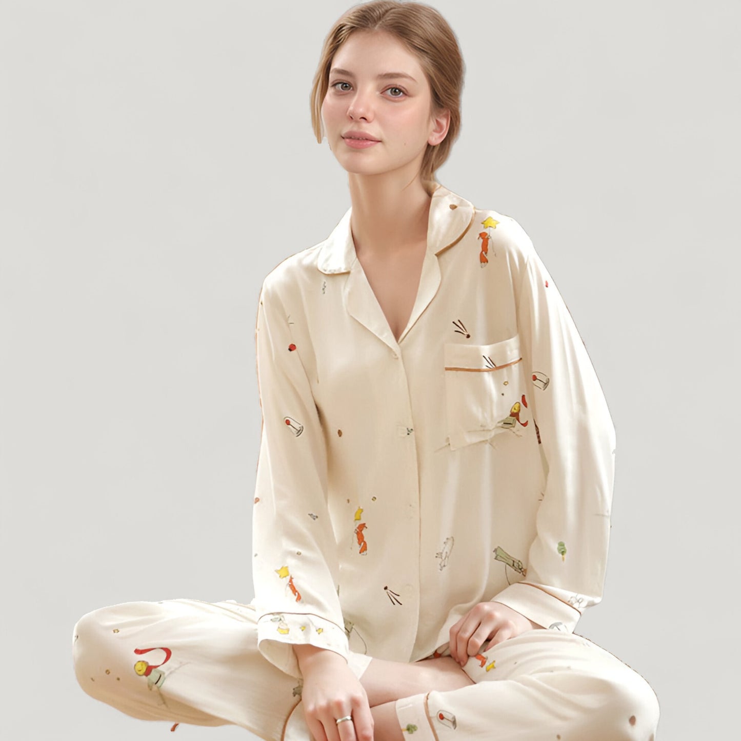 Anna-Kaci Lounge Women's Button-Down Two-Piece Pajama Set with Allover Whimsical Print and Chest Pocket