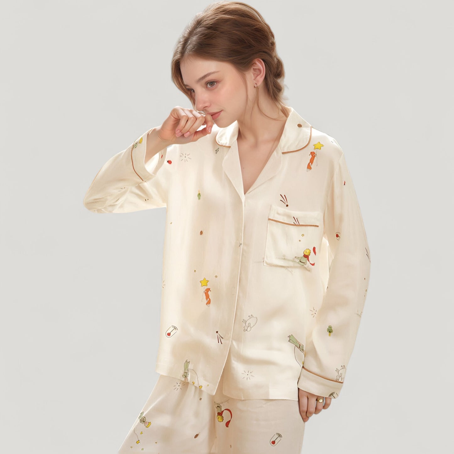 Anna-Kaci Lounge Women's Button-Down Two-Piece Pajama Set with Allover Whimsical Print and Chest Pocket