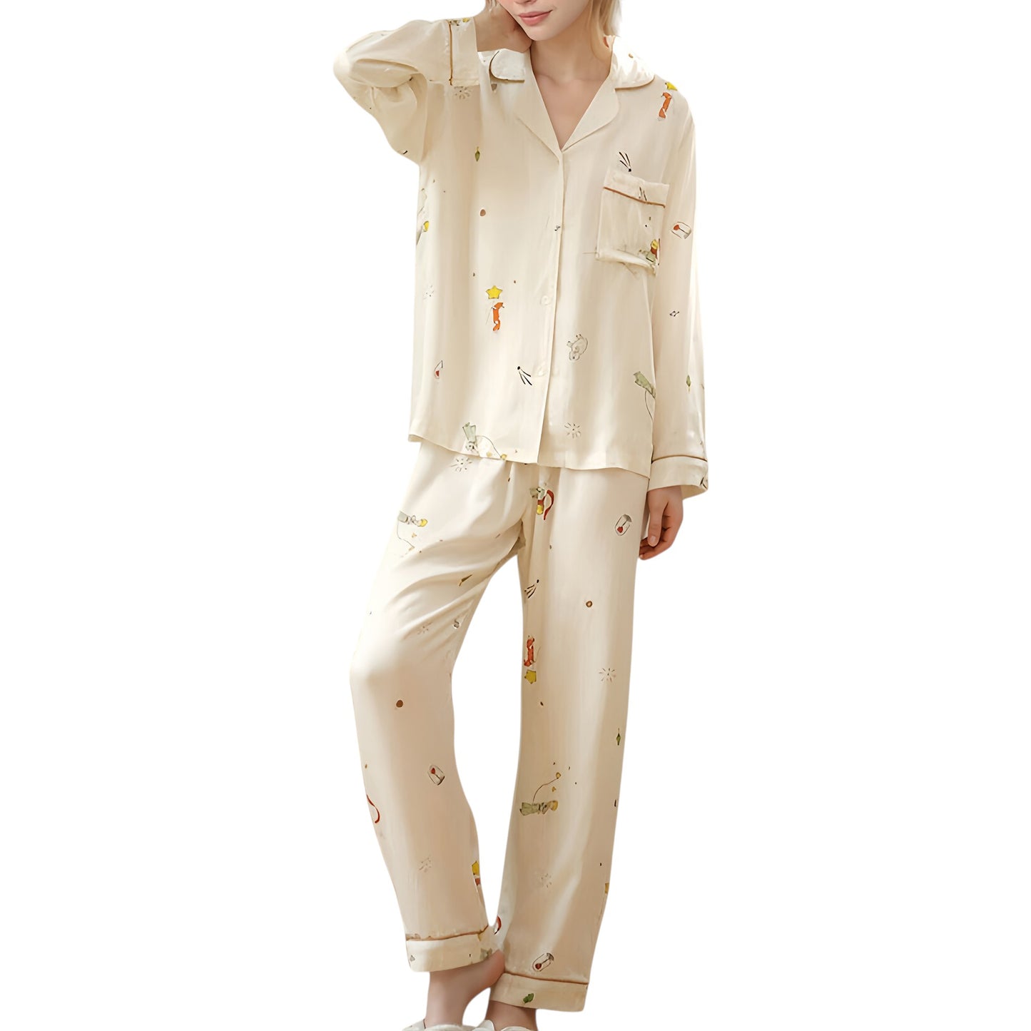Anna-Kaci Lounge Women's Button-Down Two-Piece Pajama Set with Allover Whimsical Print and Chest Pocket