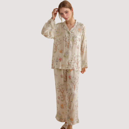 Anna-Kaci Lounge Women's Woodland Animal Pajama Set with Button-Up Long Sleeve Top and Relaxed Fit Pants