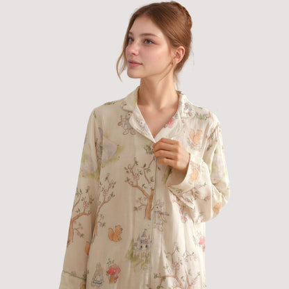 Anna-Kaci Lounge Women's Woodland Animal Pajama Set with Button-Up Long Sleeve Top and Relaxed Fit Pants