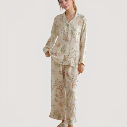 Anna-Kaci Lounge Women's Woodland Animal Pajama Set with Button-Up Long Sleeve Top and Relaxed Fit Pants