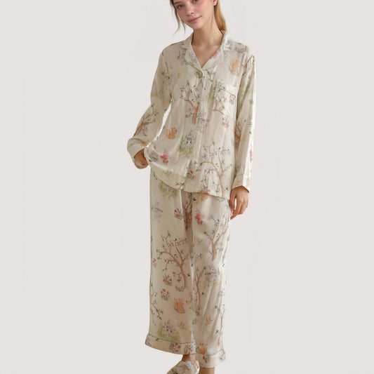 Anna-Kaci Lounge Women's Woodland Animal Pajama Set with Button-Up Long Sleeve Top and Relaxed Fit Pants