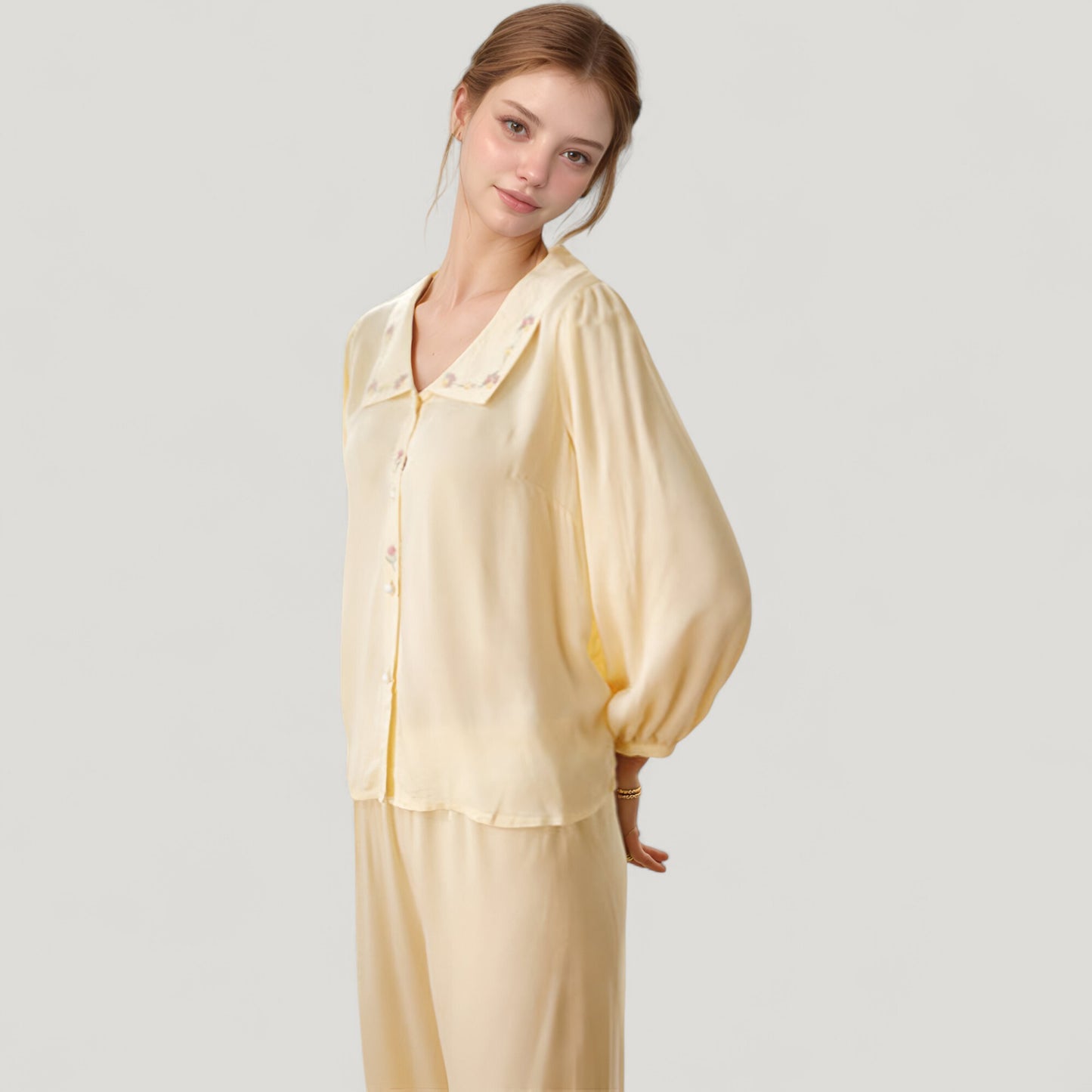 Anna-Kaci Lounge Women's Woven Two-Piece Pajama Set with Embroidered Sailor Collar and Button Down Top