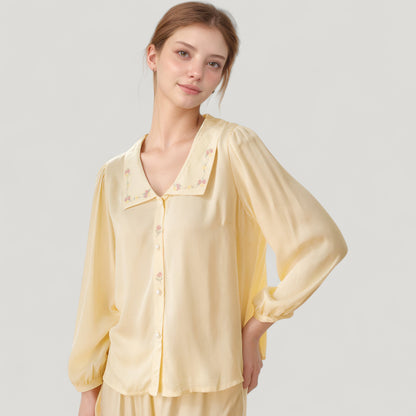 Anna-Kaci Lounge Women's Woven Two-Piece Pajama Set with Embroidered Sailor Collar and Button Down Top