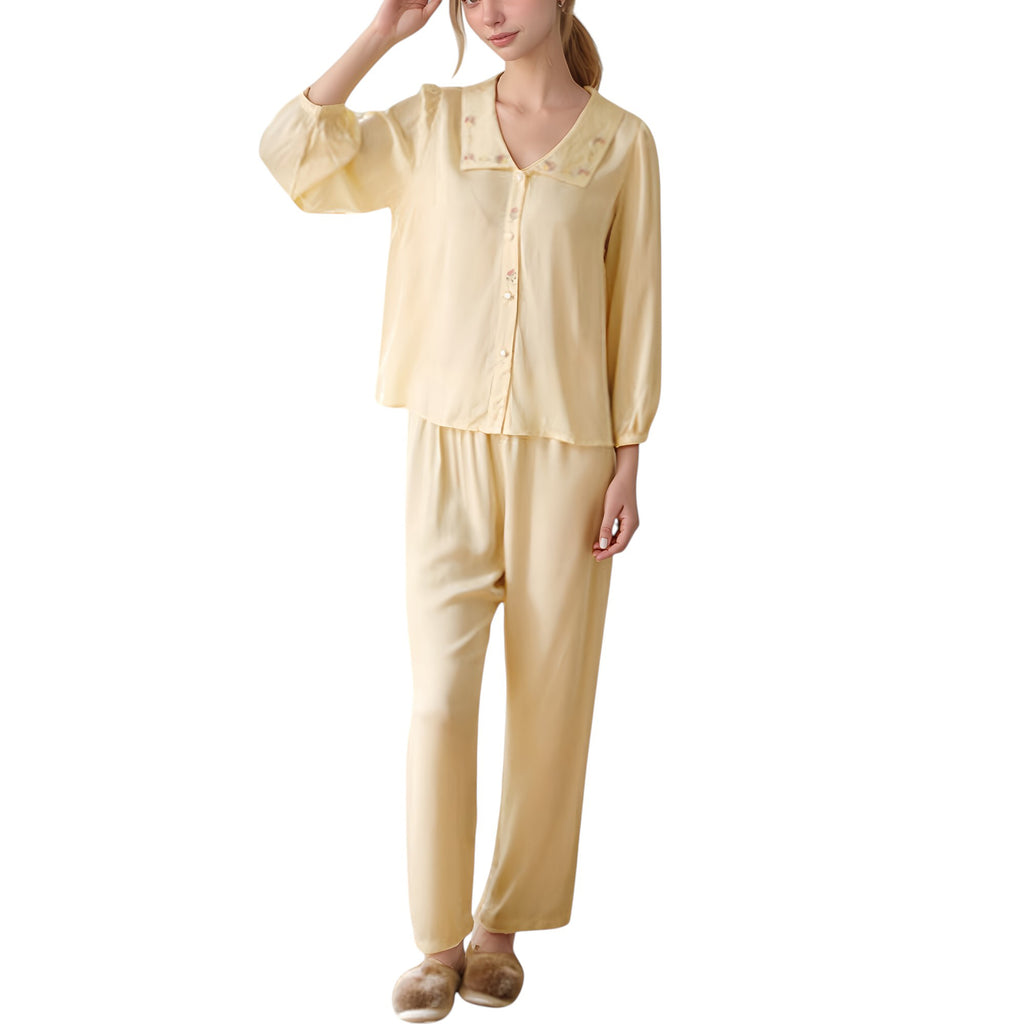 Anna-Kaci Lounge Women's Woven Two-Piece Pajama Set with Embroidered Sailor Collar and Button Down Top