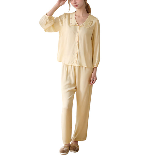 Anna-Kaci Lounge Women's Woven Two-Piece Pajama Set with Embroidered Sailor Collar and Button Down Top