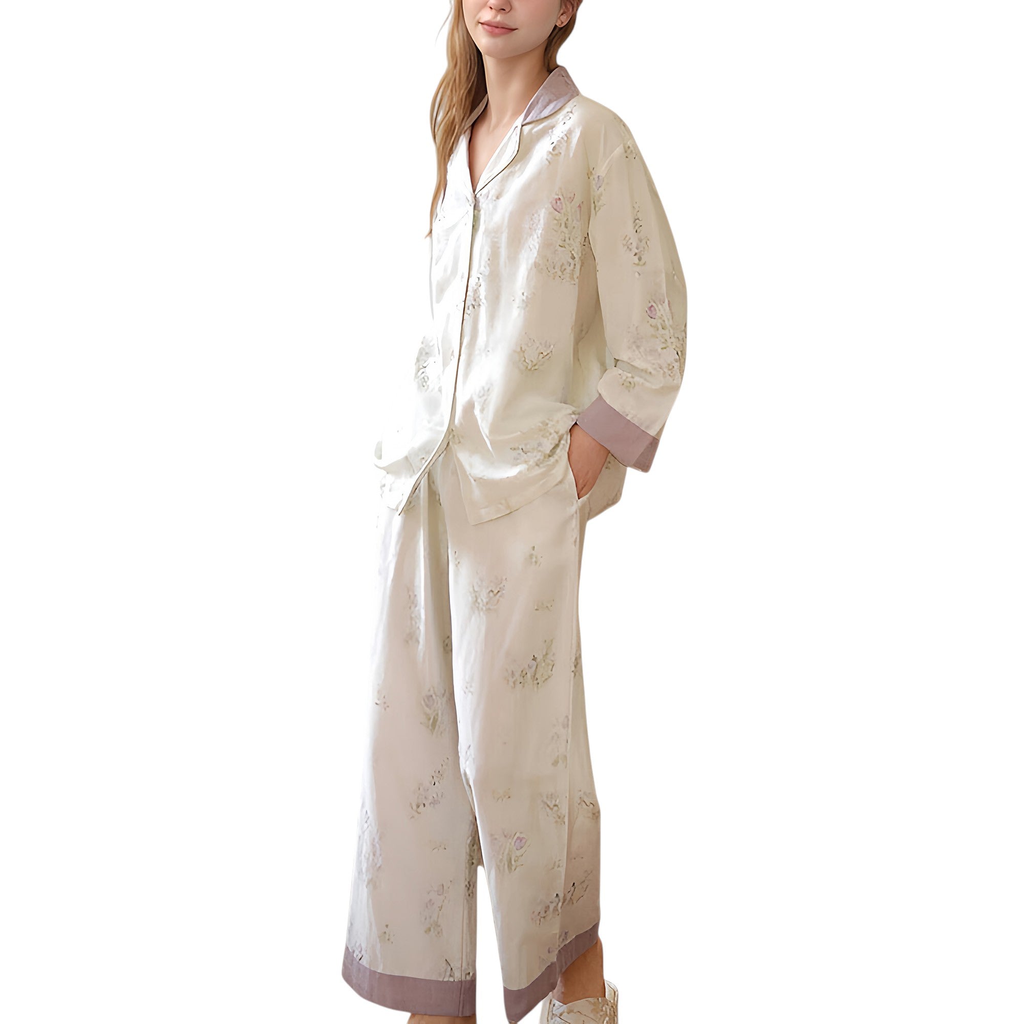 Anna-Kaci Lounge Women's Woven Two-Piece Pajama Set with Floral Print Contrast Trim and Relaxed Button Down Top