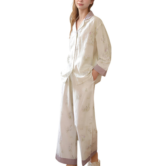 Anna-Kaci Lounge Women's Woven Two-Piece Pajama Set with Floral Print Contrast Trim and Relaxed Button Down Top