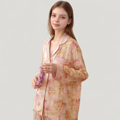 Anna-Kaci Women's Long Sleeve Button Front Pajama Set with Notched Collar and Floral Satin Finish