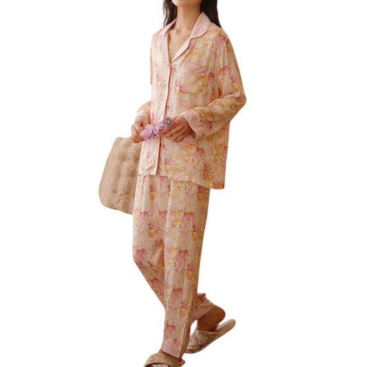 Anna-Kaci Women's Long Sleeve Button Front Pajama Set with Notched Collar and Floral Satin Finish