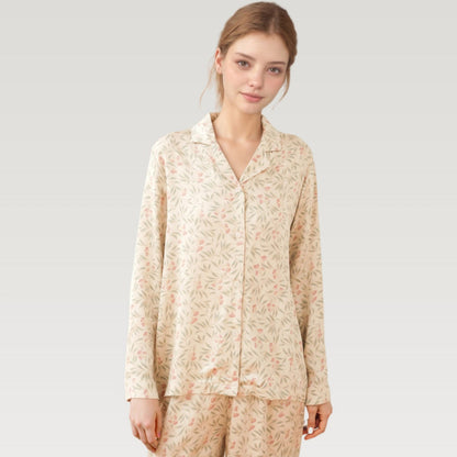 Anna-Kaci Lounge Women's Satin Botanical Print Pajama Set with Long Sleeve Button Top and Contrast Hem Pants
