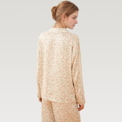 Anna-Kaci Lounge Women's Satin Botanical Print Pajama Set with Long Sleeve Button Top and Contrast Hem Pants