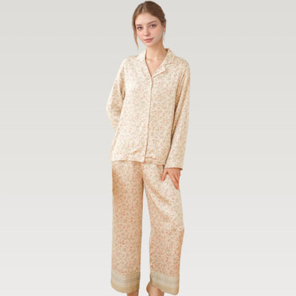 Anna-Kaci Lounge Women's Satin Botanical Print Pajama Set with Long Sleeve Button Top and Contrast Hem Pants