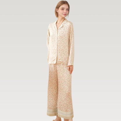 Anna-Kaci Lounge Women's Satin Botanical Print Pajama Set with Long Sleeve Button Top and Contrast Hem Pants