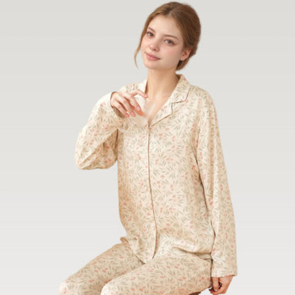 Anna-Kaci Lounge Women's Satin Botanical Print Pajama Set with Long Sleeve Button Top and Contrast Hem Pants