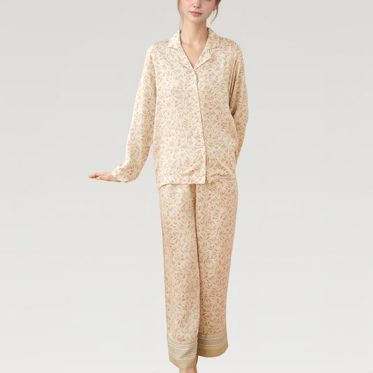 Anna-Kaci Lounge Women's Satin Botanical Print Pajama Set with Long Sleeve Button Top and Contrast Hem Pants