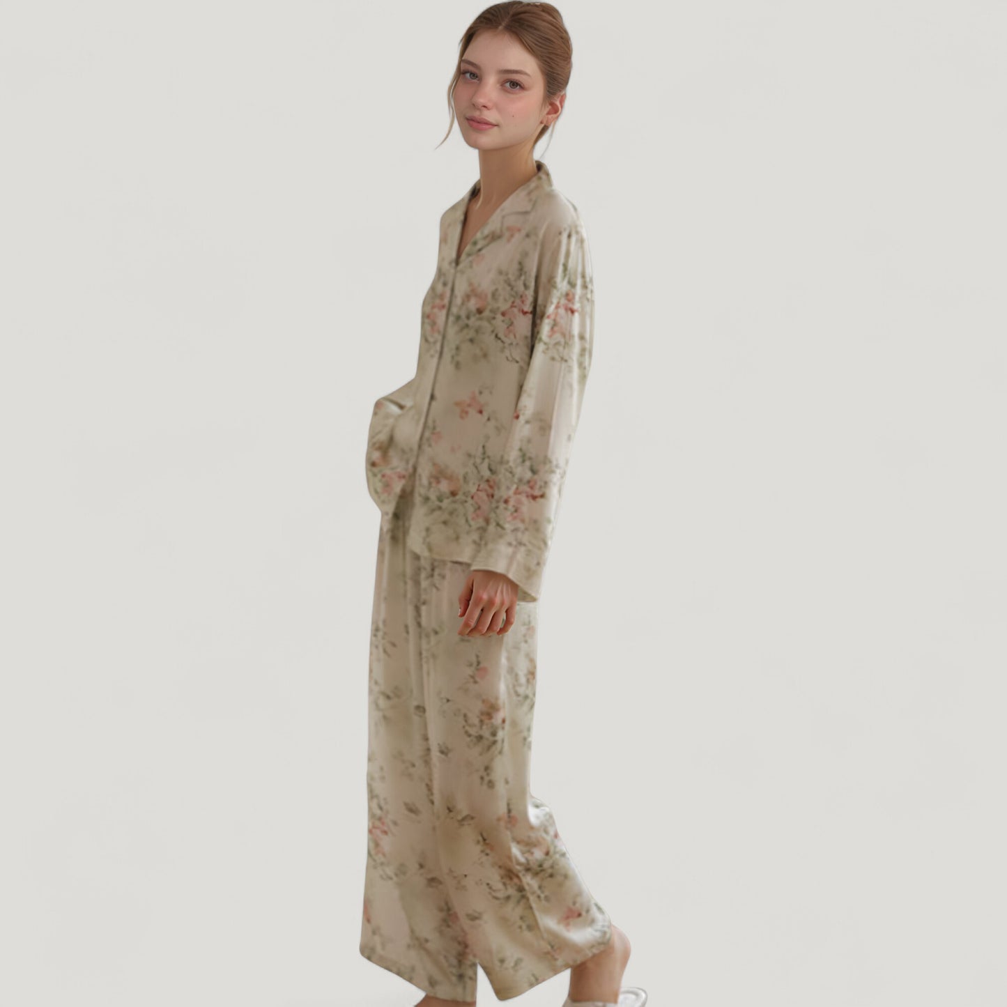 Anna-Kaci Lounge Women's Woven Floral Long Sleeve Button Down Pajama Set with Wide Leg Pants and Relaxed Fit