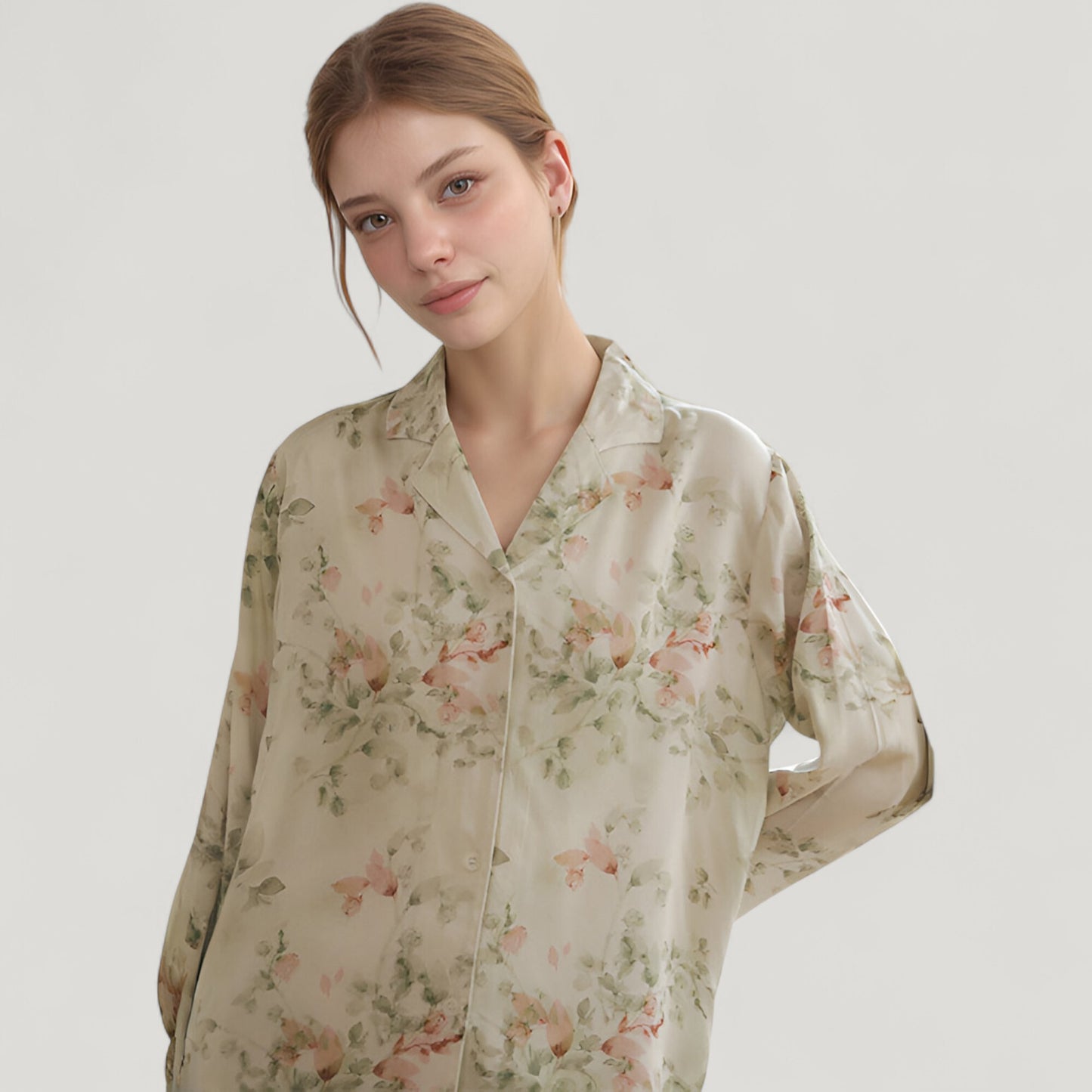 Anna-Kaci Lounge Women's Woven Floral Long Sleeve Button Down Pajama Set with Wide Leg Pants and Relaxed Fit