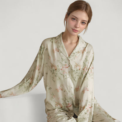 Anna-Kaci Lounge Women's Woven Floral Long Sleeve Button Down Pajama Set with Wide Leg Pants and Relaxed Fit