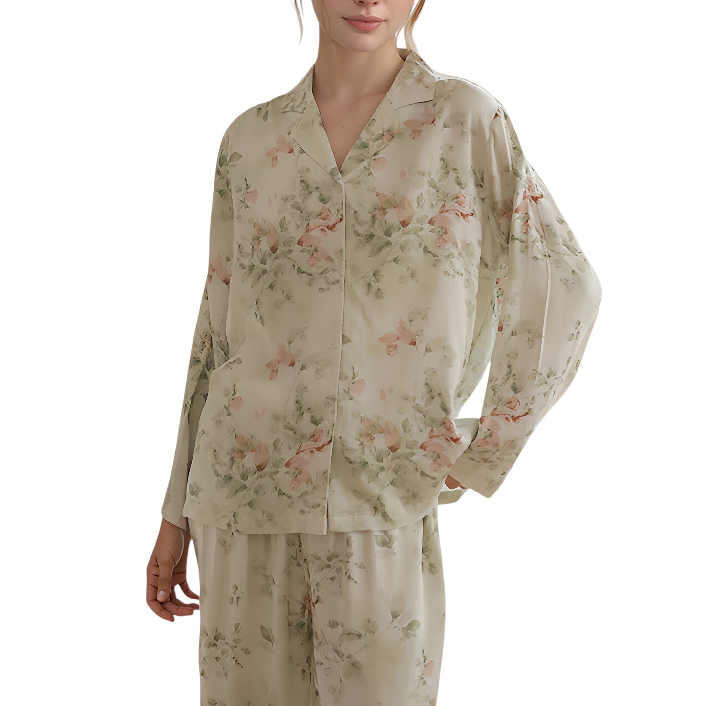 Anna-Kaci Lounge Women's Woven Floral Long Sleeve Button Down Pajama Set with Wide Leg Pants and Relaxed Fit