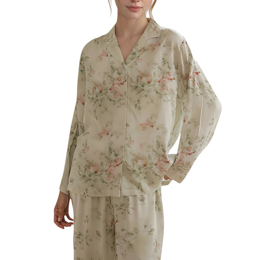Anna-Kaci Lounge Women's Woven Floral Long Sleeve Button Down Pajama Set with Wide Leg Pants and Relaxed Fit