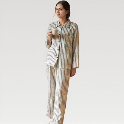 Anna-Kaci Lounge Women's Satin Striped Pajama Set with Button Up Long Sleeve Shirt and Illustrated Tree Print Pants