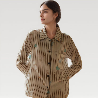 Anna-Kaci Lounge Women's Satin Striped Pajama Set with Button Up Long Sleeve Shirt and Illustrated Tree Print Pants