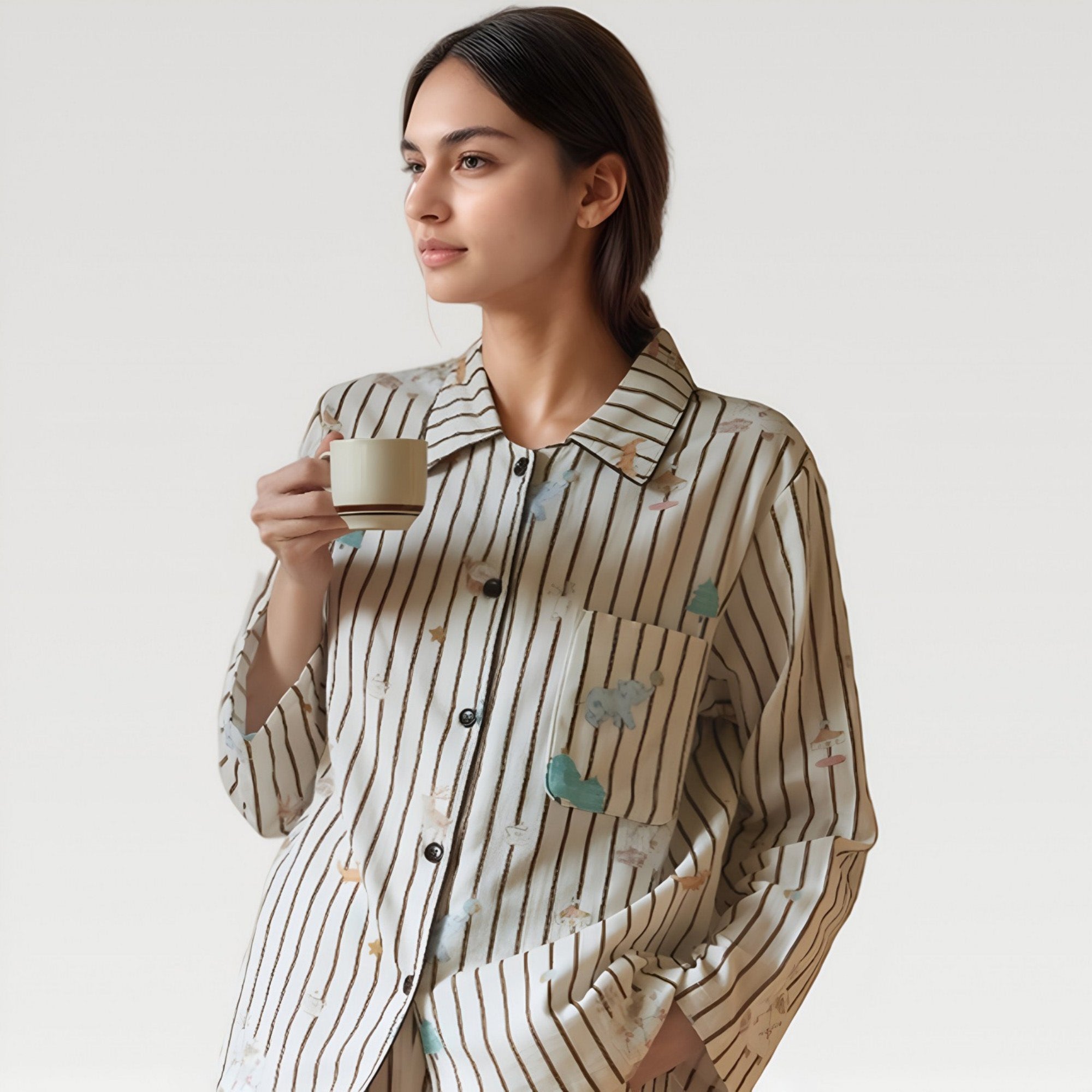 Anna-Kaci Lounge Women's Satin Striped Pajama Set with Button Up Long Sleeve Shirt and Illustrated Tree Print Pants