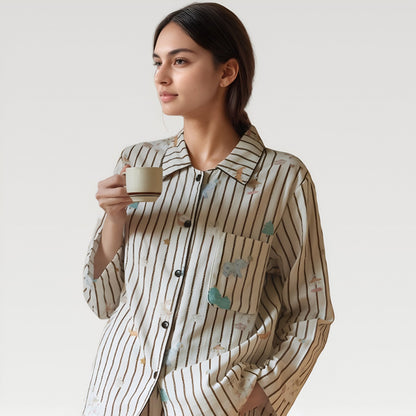 Anna-Kaci Lounge Women's Satin Striped Pajama Set with Button Up Long Sleeve Shirt and Illustrated Tree Print Pants