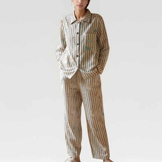Anna-Kaci Lounge Women's Satin Striped Pajama Set with Button Up Long Sleeve Shirt and Illustrated Tree Print Pants