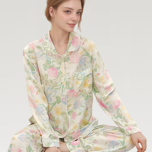 Anna-Kaci Lounge Women's Satin Floral Print Pajama Set with Long Sleeve Button Up Shirt and Matching Relaxed Fit Pants