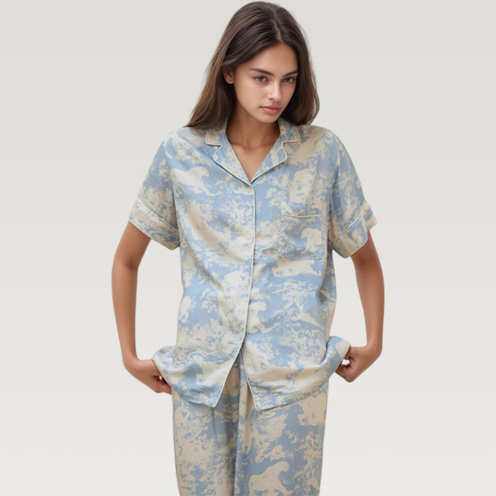 Anna-Kaci Lounge Women's Satin Pajama Set with Short Sleeve Button Up Top and Abstract Animal Print Relaxed Pants