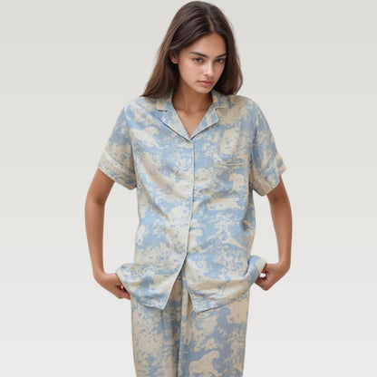 Anna-Kaci Lounge Women's Satin Pajama Set with Short Sleeve Button Up Top and Abstract Animal Print Relaxed Pants