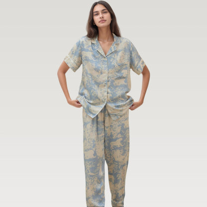 Anna-Kaci Lounge Women's Satin Pajama Set with Short Sleeve Button Up Top and Abstract Animal Print Relaxed Pants