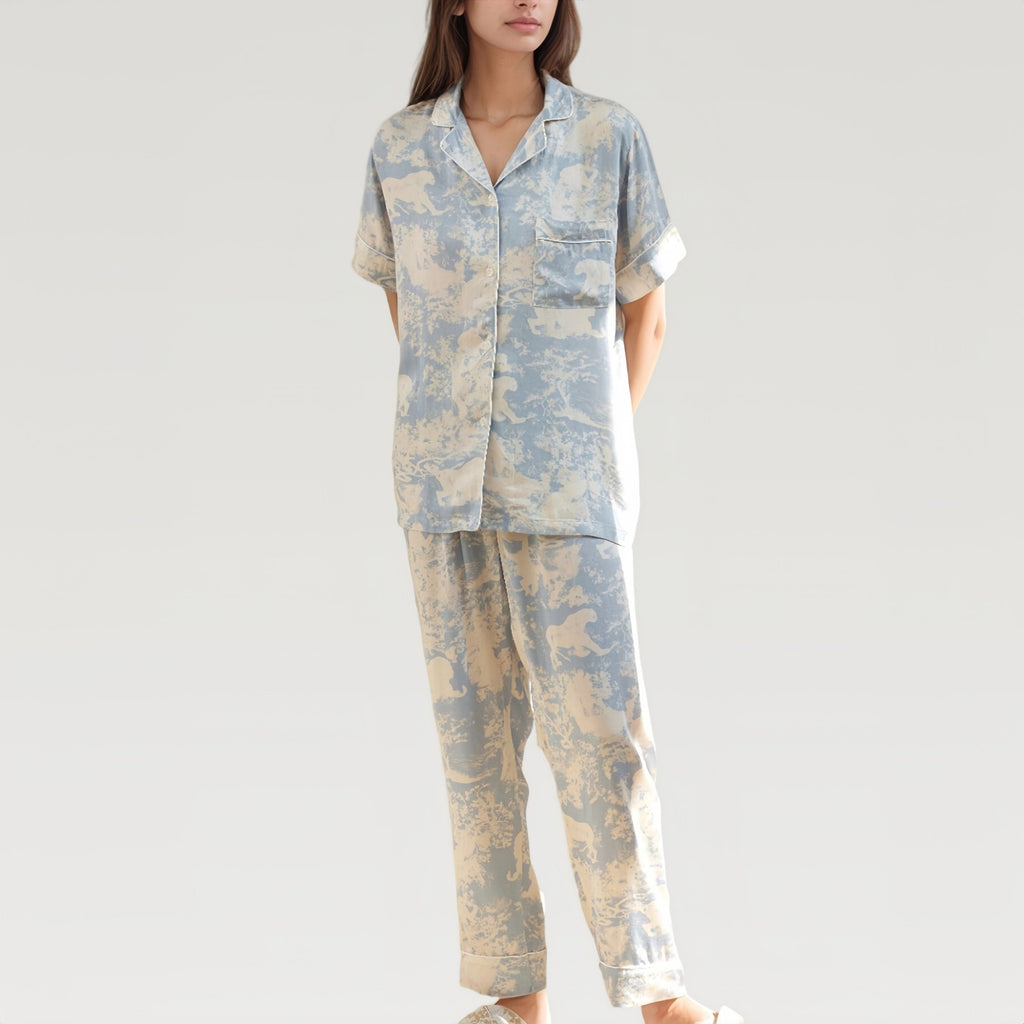 Anna-Kaci Lounge Women's Satin Pajama Set with Short Sleeve Button Up Top and Abstract Animal Print Relaxed Pants