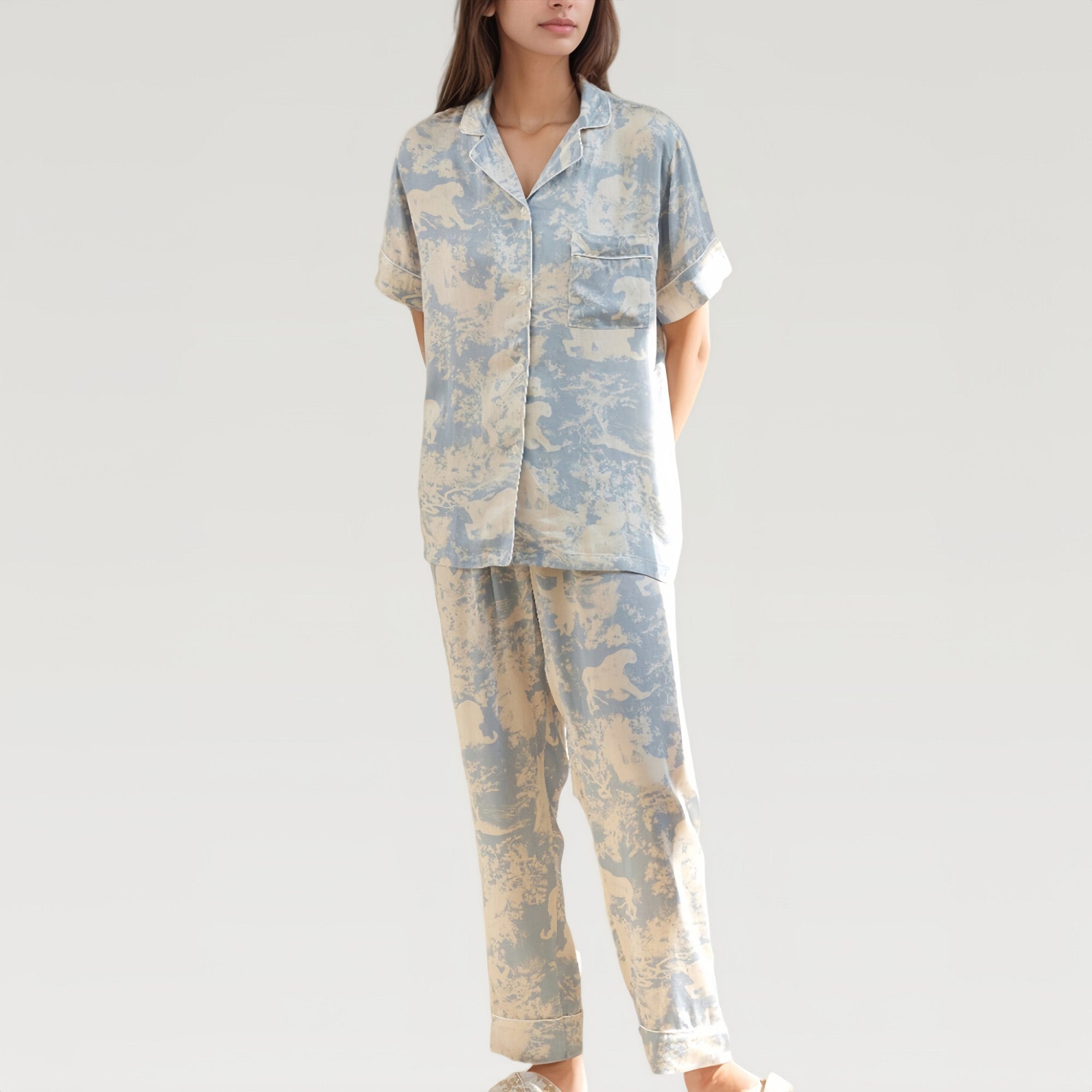 Anna-Kaci Lounge Women's Satin Pajama Set with Short Sleeve Button Up Top and Abstract Animal Print Relaxed Pants