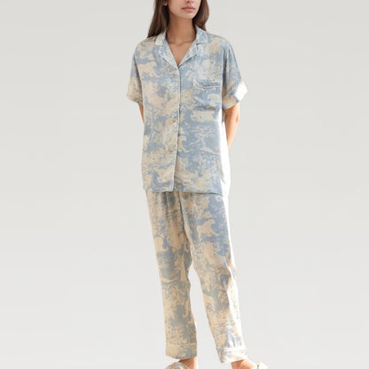 Anna-Kaci Lounge Women's Satin Pajama Set with Short Sleeve Button Up Top and Abstract Animal Print Relaxed Pants