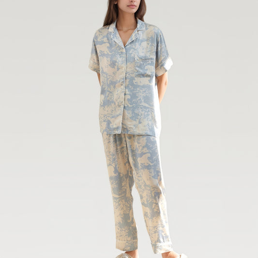Anna-Kaci Lounge Women's Satin Pajama Set with Short Sleeve Button Up Top and Abstract Animal Print Relaxed Pants