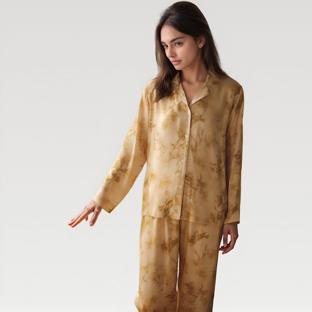 Anna-Kaci Lounge Women's Satin Pajama Set with Golden Botanical Print Long Sleeve Button Up Top and Relaxed Fit Pants