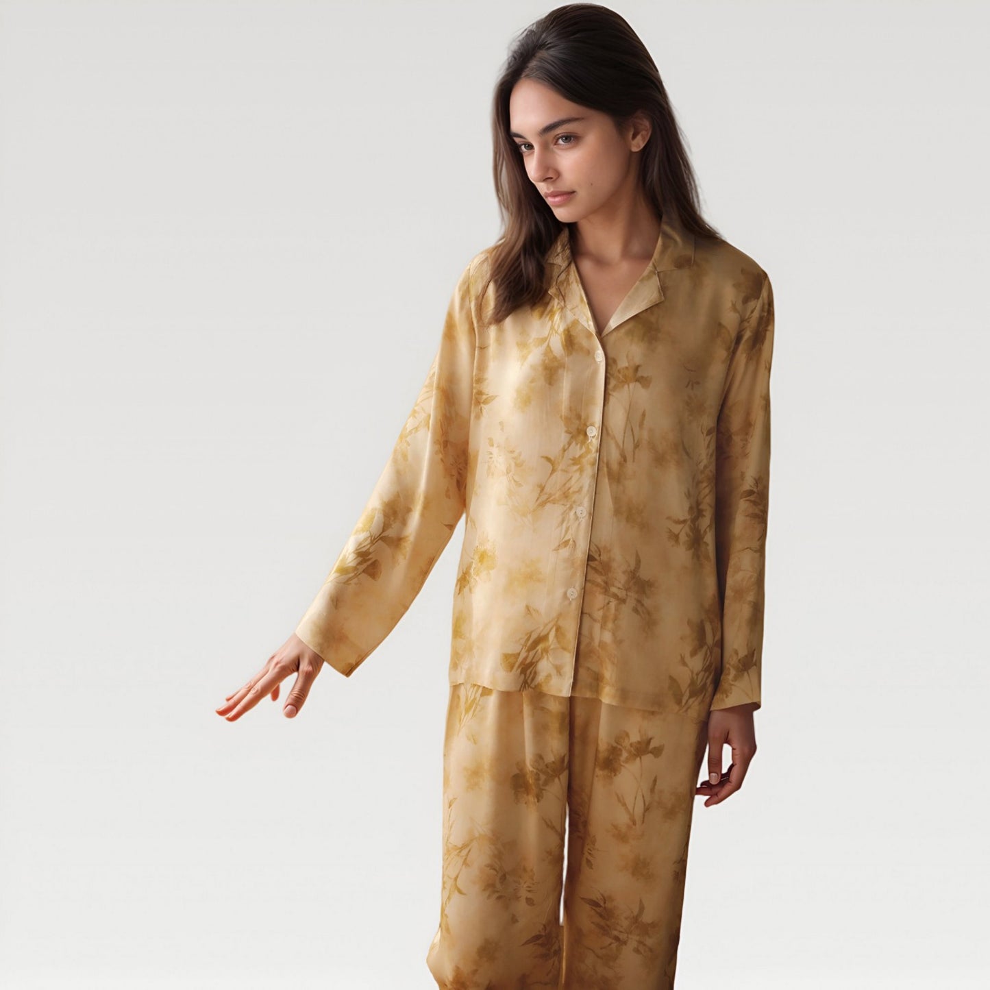 Anna-Kaci Lounge Women's Satin Pajama Set with Golden Botanical Print Long Sleeve Button Up Top and Relaxed Fit Pants